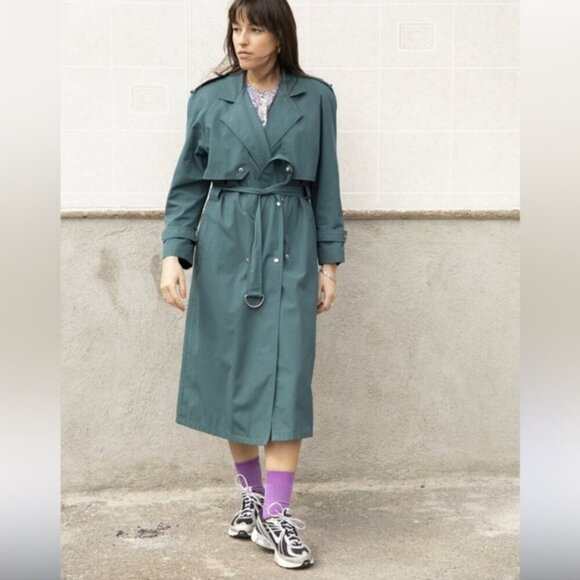 SOLD Vintage 80s 90s Oversized Lined Teal Trench Coat Size 9/10 Petite - Picture 12 of 13